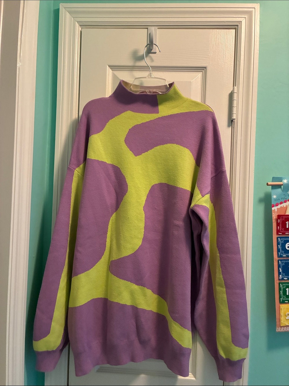 LOFT Purple and Lime Abstract Mock Neck Sweater